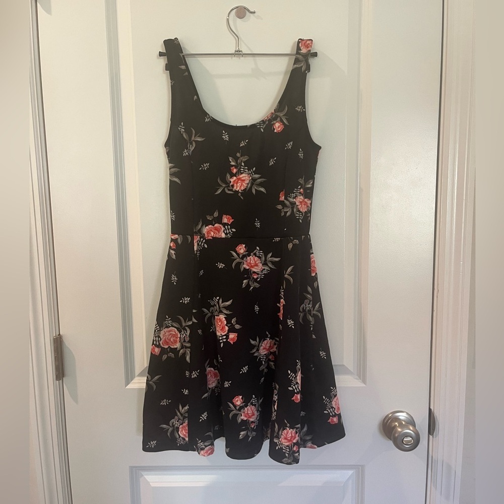 H&M black skater dress with floral design